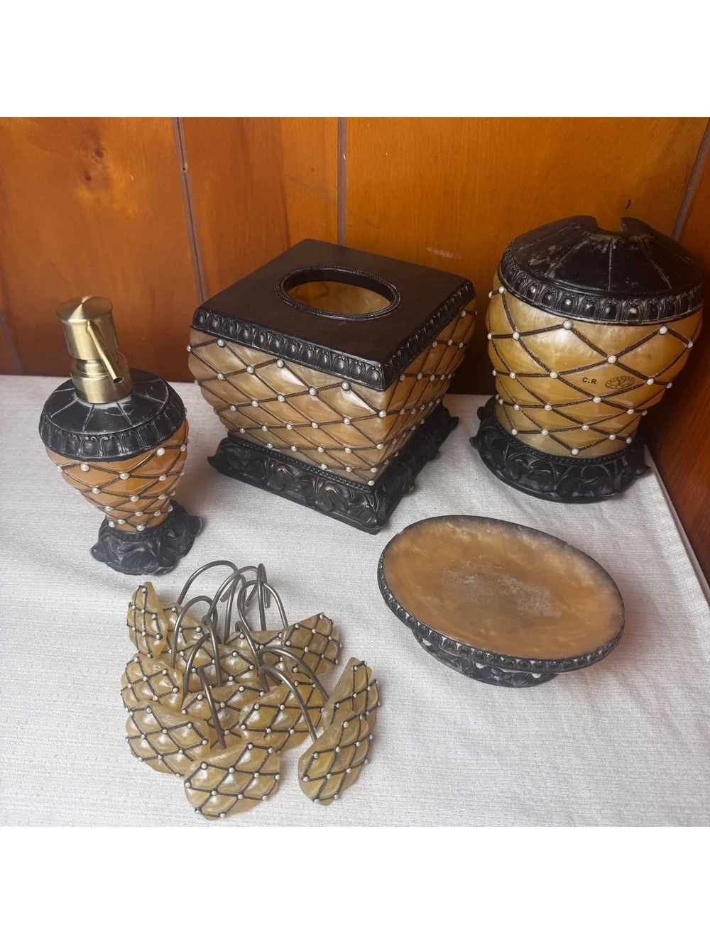 Vighano Bath Accessories 6 Piece Vanity Set Amber Faux Onyx Black Pearl